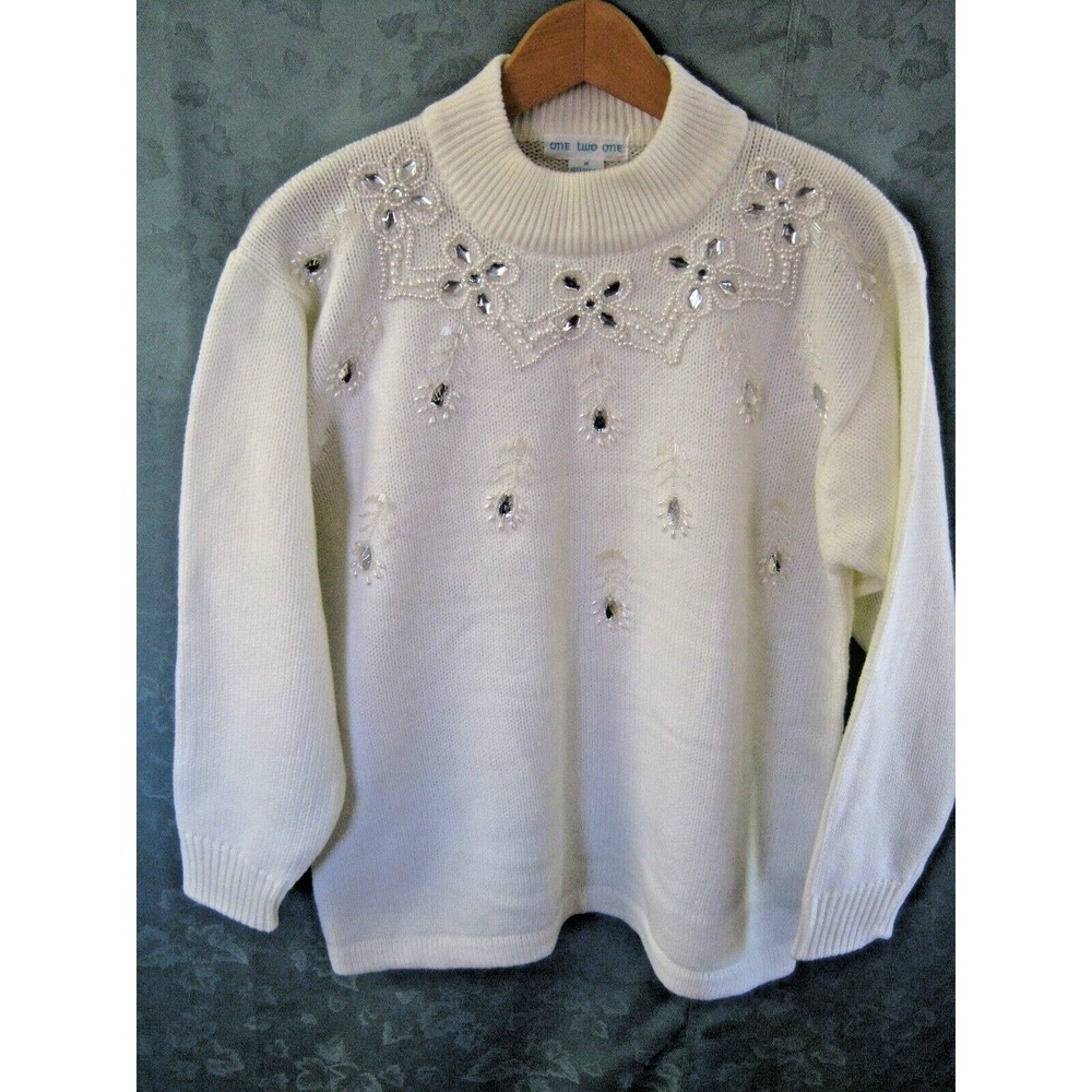 Vintage 80's ONE TWO ONE Size Medium Sweater Beaded & Jeweled